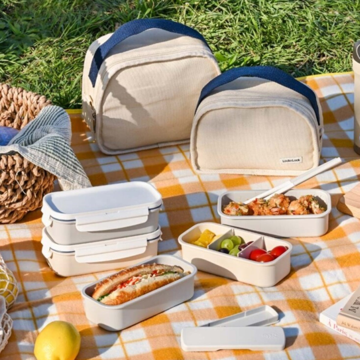 LocknLock Daily Cotton 2-Layer Lunch Box + Chopsticks Set with Insulated Bag Dishwasher Microwave Safe / from Seoul, Korea