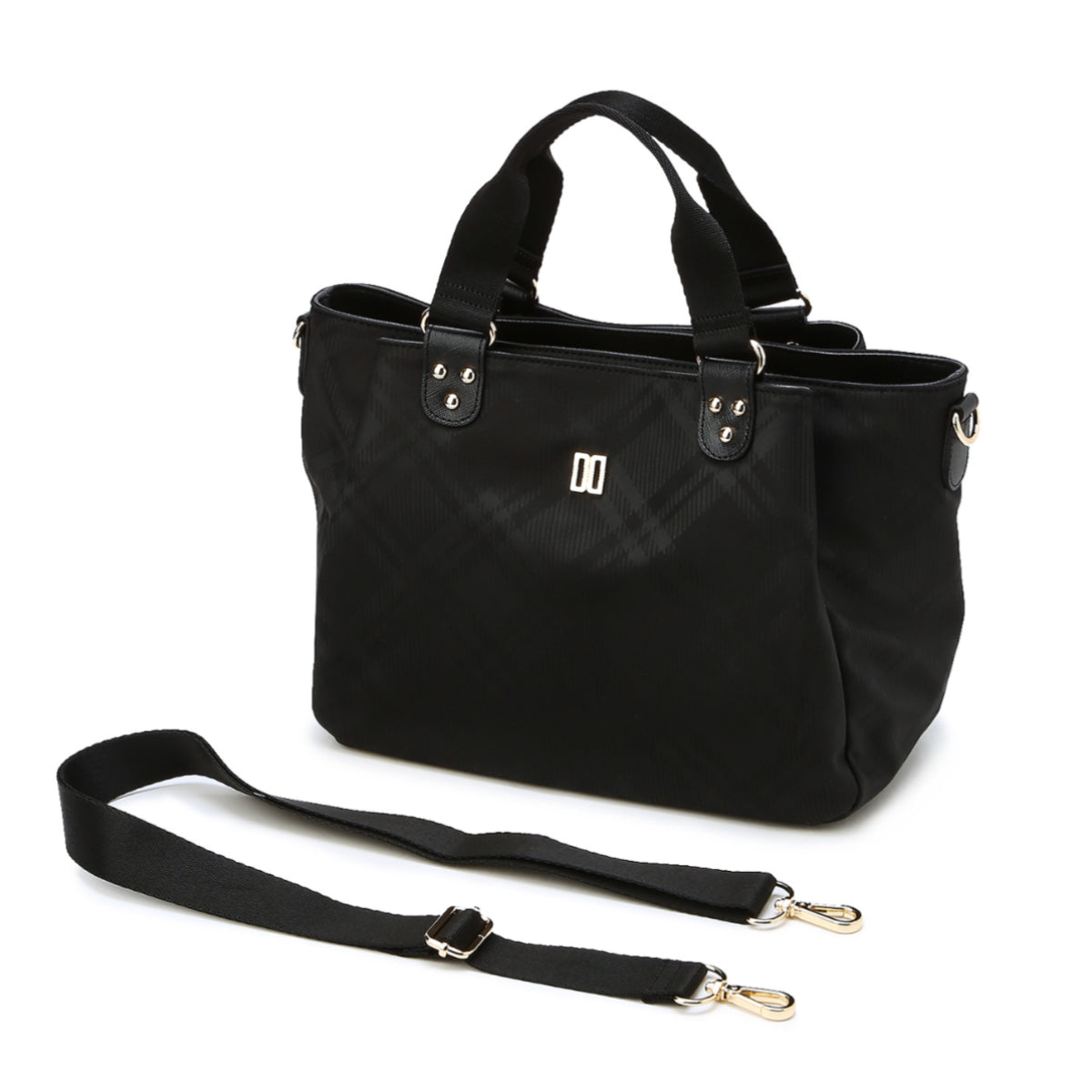 ★DAKS★ Foldable Tote Bag Black Check Embo Pattern DAKS Black House Check Lightweight Tote Bag with Detachable