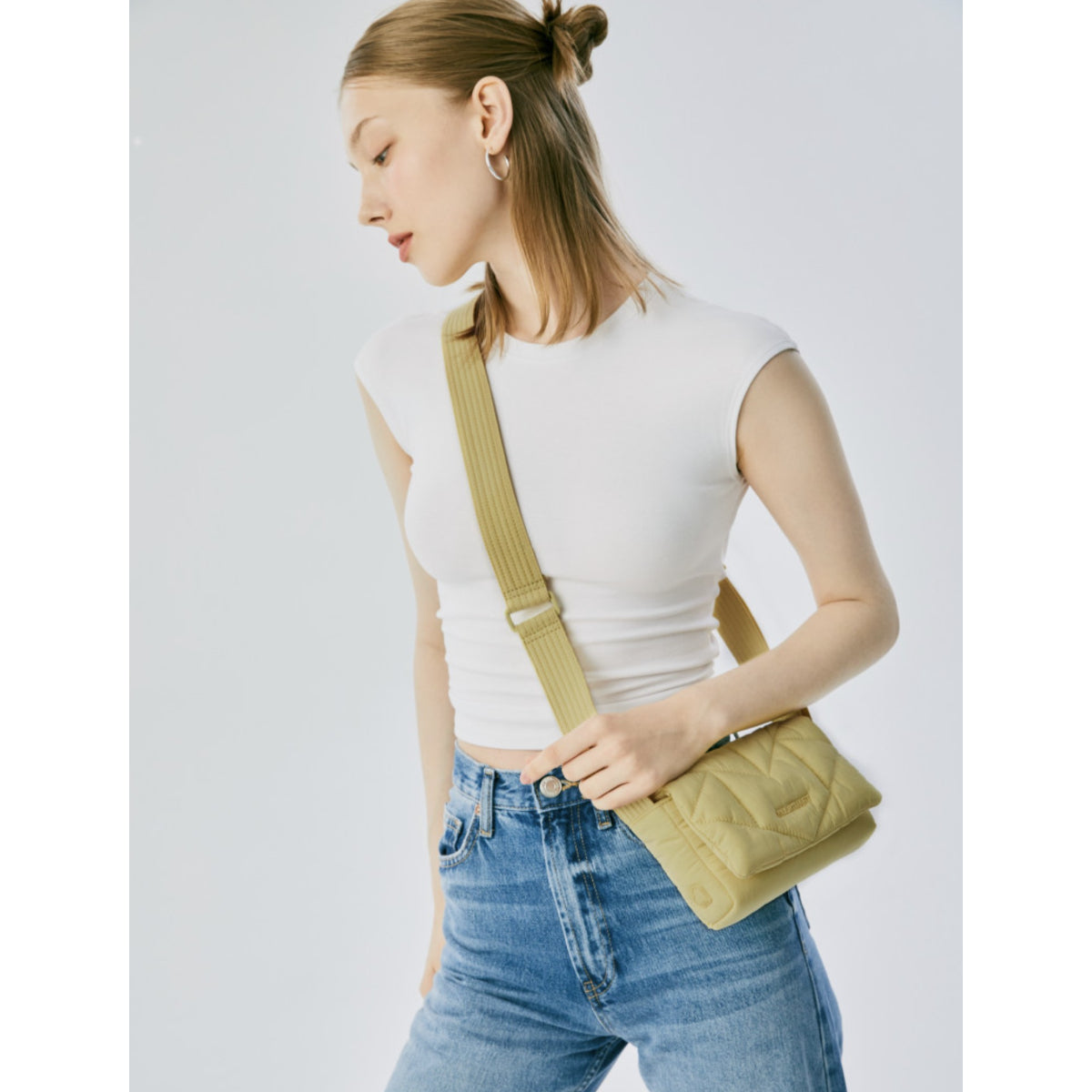 JILLSTUART Rosella Padding Yellow Small Shoulder Crossbody Bag in lightweight nylon fabric/ from Seoul, Korea