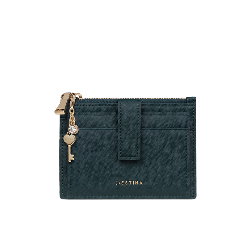 J.ESTINA LUCY Top Zipper Card ID Wallet Green Cowhide Detachable Heart Key Charm Decoration Credit Card Check Card Business Card Holder Case / from Seoul, Korea