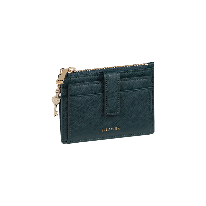 J.ESTINA LUCY Top Zipper Card ID Wallet Green Cowhide Detachable Heart Key Charm Decoration Credit Card Check Card Business Card Holder Case / from Seoul, Korea