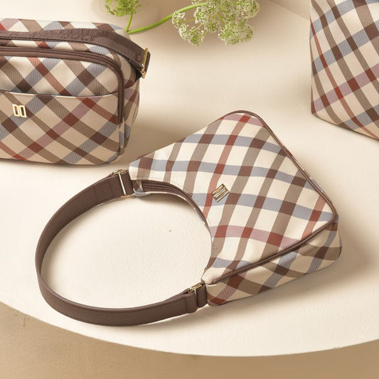 DAKS Small Beige House Check Mini Shoulder Bag Fabric Leather Lightweight Daily Bag / from Korea