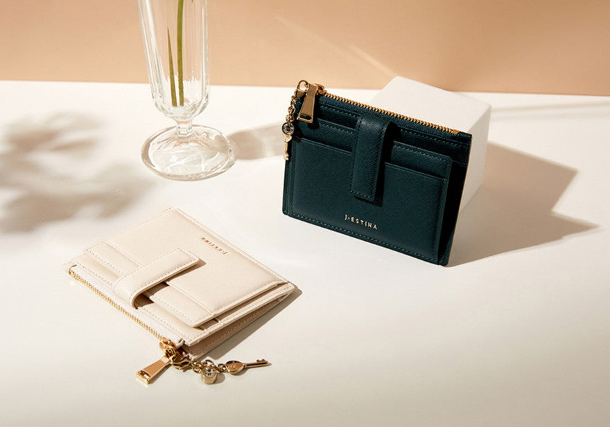 J.ESTINA LUCY Top Zipper Card ID Wallet Green Cowhide Detachable Heart Key Charm Decoration Credit Card Check Card Business Card Holder Case / from Seoul, Korea