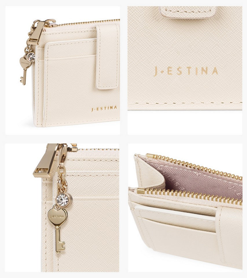 J.ESTINA LUCY Top Zipper Card ID Wallet Cream Color Cowhide Detachable Heart Key Charm Decoration Credit Card Check Card Business Card Holder Case / from Seoul, Korea