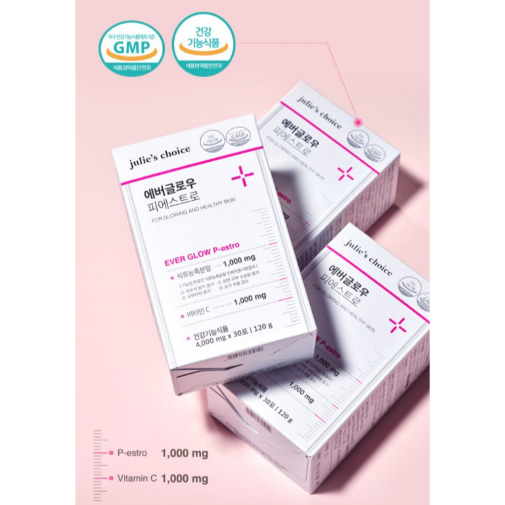 Julie's Choice Ever Glow P-estro Vitamin C High Capacity High Content 30-Packet/Box Hyaluronic Acid Ceramide White Tomato Collagen Elastin / from Seoul, Korea