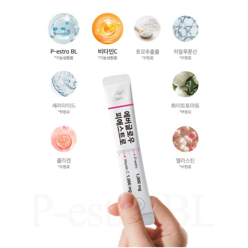 Julie's Choice Ever Glow P-estro Vitamin C High Capacity High Content 30-Packet/Box Hyaluronic Acid Ceramide White Tomato Collagen Elastin / from Seoul, Korea