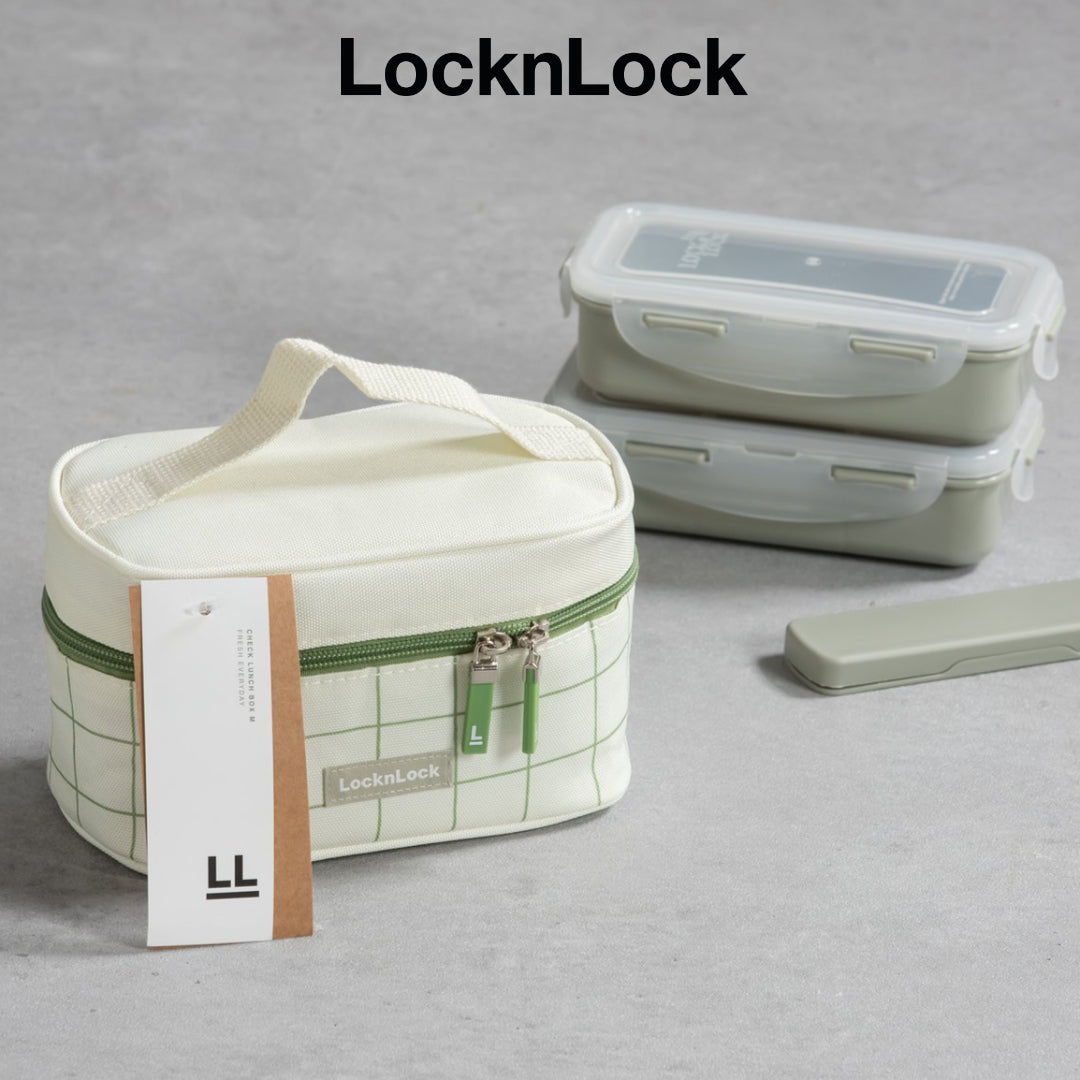 LocknLock 2-Layer Lunch Box Set with Chopsticks + Green Check Pattern Insulated Bag Food Storage Korean Kitchen Picnic Office / from Seoul, Korea