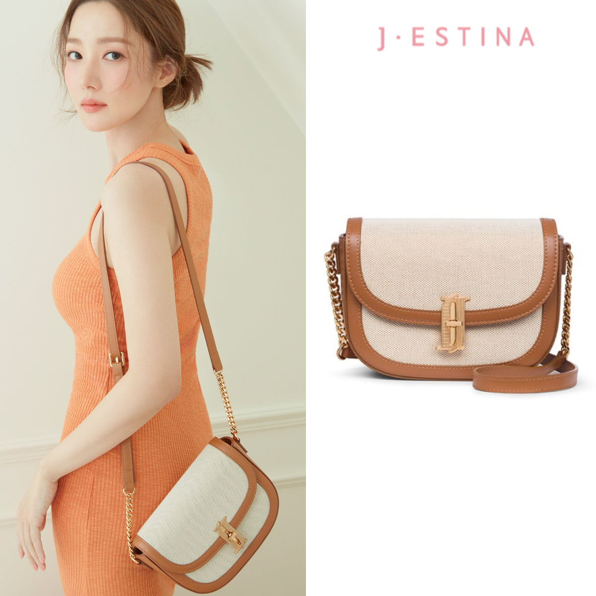 J.ESTINA JOELLE Canvas SM Cross TA Crossbody Bag  Shoulder Bag  Canvas Tanned Leather Combi Park Min-young Bag / from Seoul, Korea