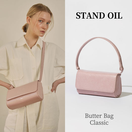 STAND OIL Butter Bag, Classic Soft Pink Women Shoulder Cross Bag Clutch Detachable Strap Vegan Leather / from Seoul, Korea