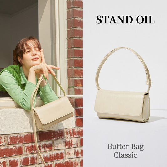 STAND OIL Butter Bag, Classic Vanilla Color Women Shoulder Cross Bag Clutch Detachable Strap Vegan Leather / from Seoul, Korea