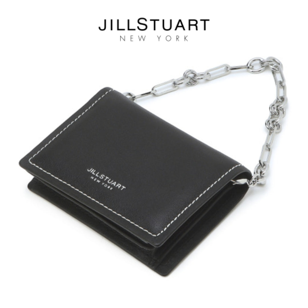 [JILLSTUART] Hitam Dijahit Kulit Sapi Setengah Dompet Lipat Mini Dompet Dilepas Tali Rantai Desain Bergaya / dari Seoul, Korea