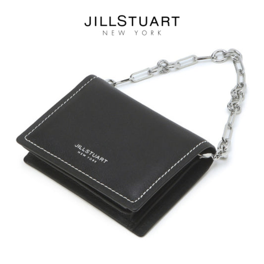 JILLSTUART NEW YORK Black Stitched Cowhide Half Wallet Folding Mini Wallet Detachable Chain Strap Stylish Design / from Seoul, Korea