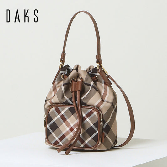 DAKS Brown Check Bucket Bag Tote Shoulder Cross Bag Detachable Length Adjustable Cross Strap