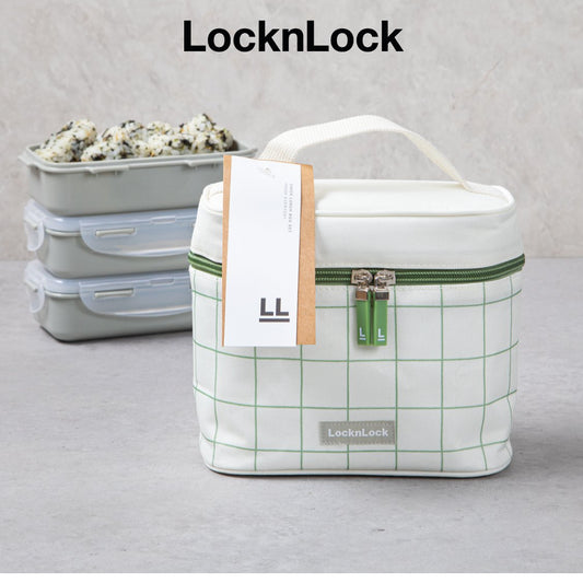 [LocknLock] Set Kotak Makan Siang 3-Lapisan dengan Sumpit + Tas Terisolasi Pola Centang Hijau Penyimpanan Makanan Kantor Piknik Dapur Korea / dari Seoul, Korea