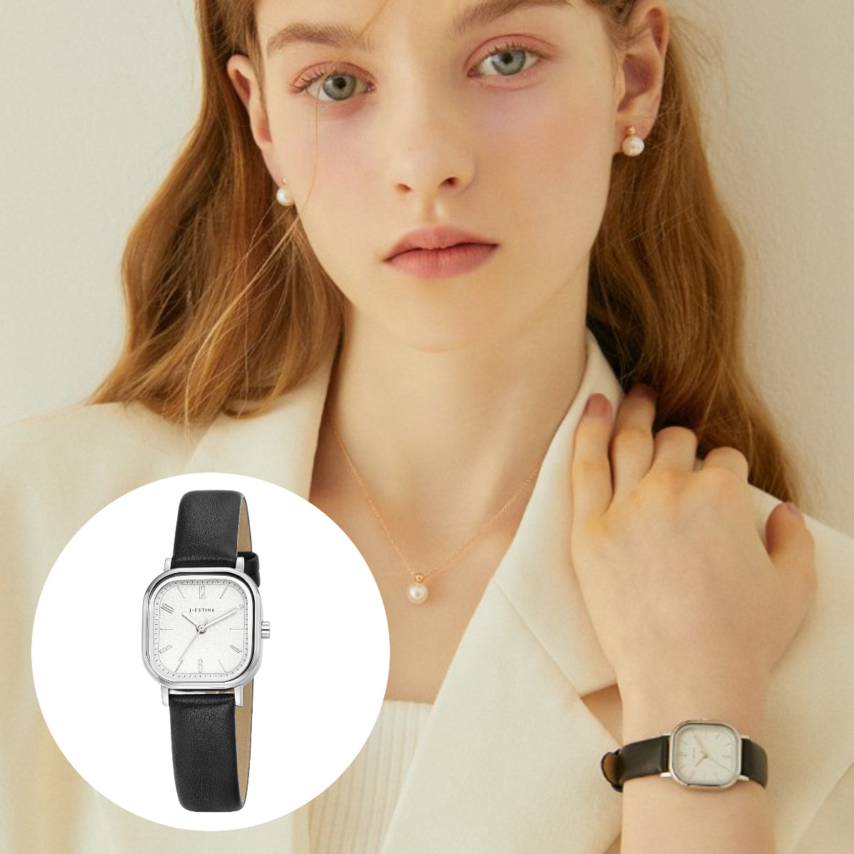 J.ESTINA Amico Leather Watch Silver Black Round Square IU PICK Made in Korea / from Seoul, Korea