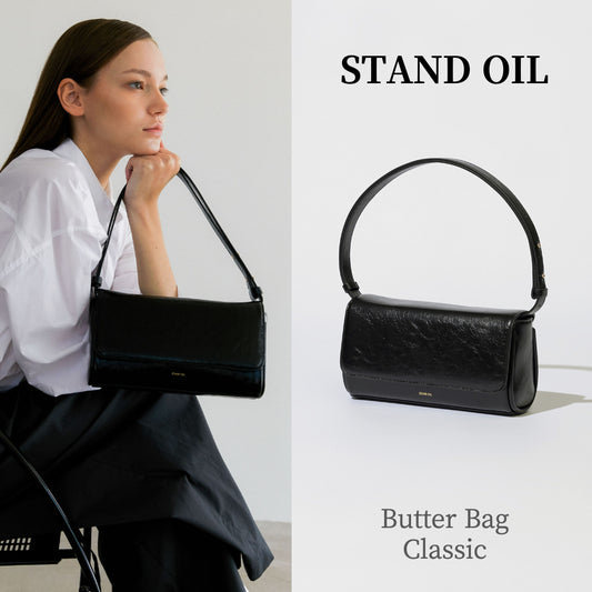 STAND OIL Butter Bag, Classic Black Women Shoulder Cross Bag Clutch Detachable Strap Vegan Leather / from Seoul, Korea