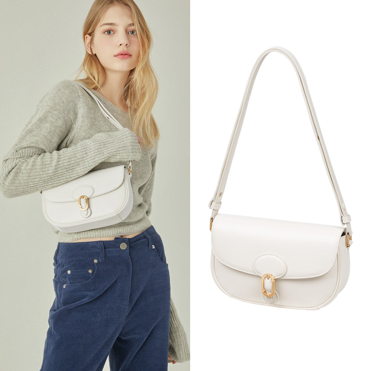 J.ESTINA Classic Leather Bag Ivory HAZEL Line Shoulder Crossbody Bag with Adjustable Length Strap / from Seoul, Korea