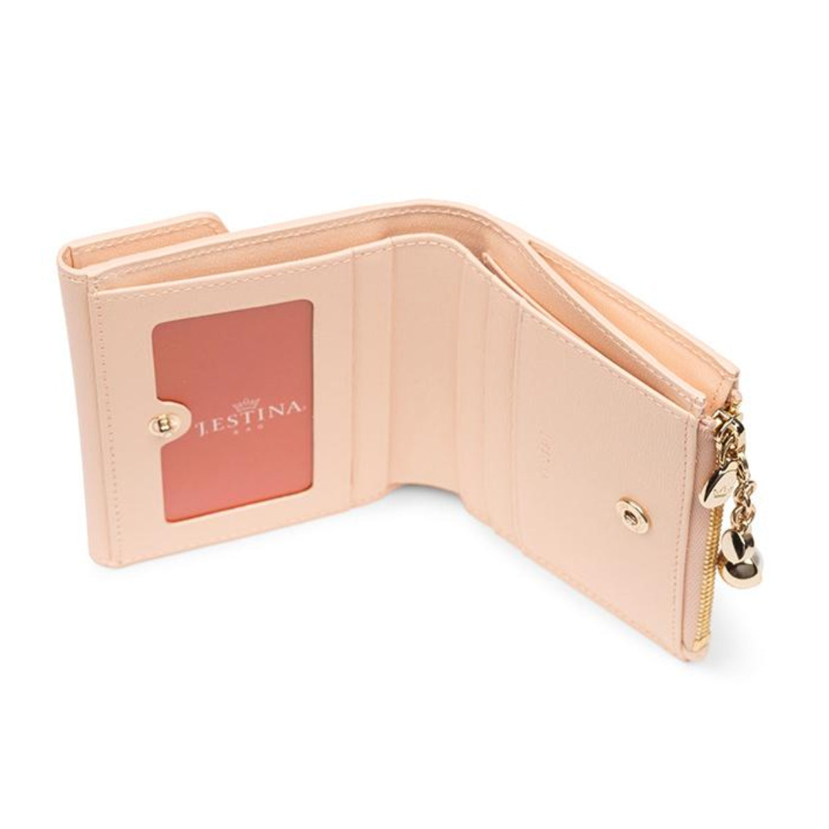 J.ESTINA JINNY Bifold Wallet Peach Pink Embossed Cowhide Pearl Ball Crystal Charm Ornament Banknote Card Coin ID Card Wallet / from Seoul, Korea