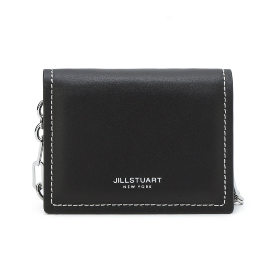 [JILLSTUART] Hitam Dijahit Kulit Sapi Setengah Dompet Lipat Mini Dompet Dilepas Tali Rantai Desain Bergaya / dari Seoul, Korea