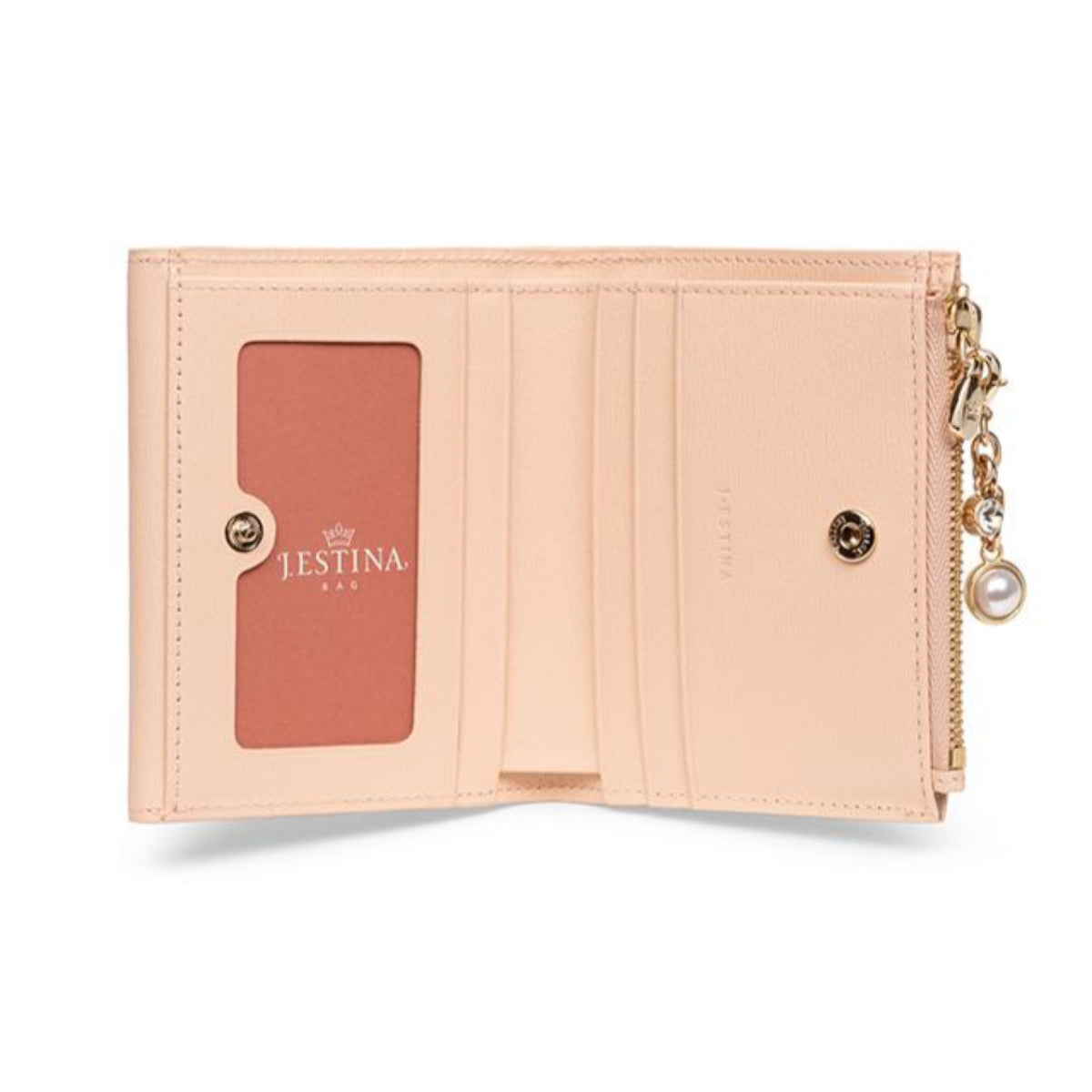 J.ESTINA JINNY Bifold Wallet Peach Pink Embossed Cowhide Pearl Ball Crystal Charm Ornament Banknote Card Coin ID Card Wallet / from Seoul, Korea