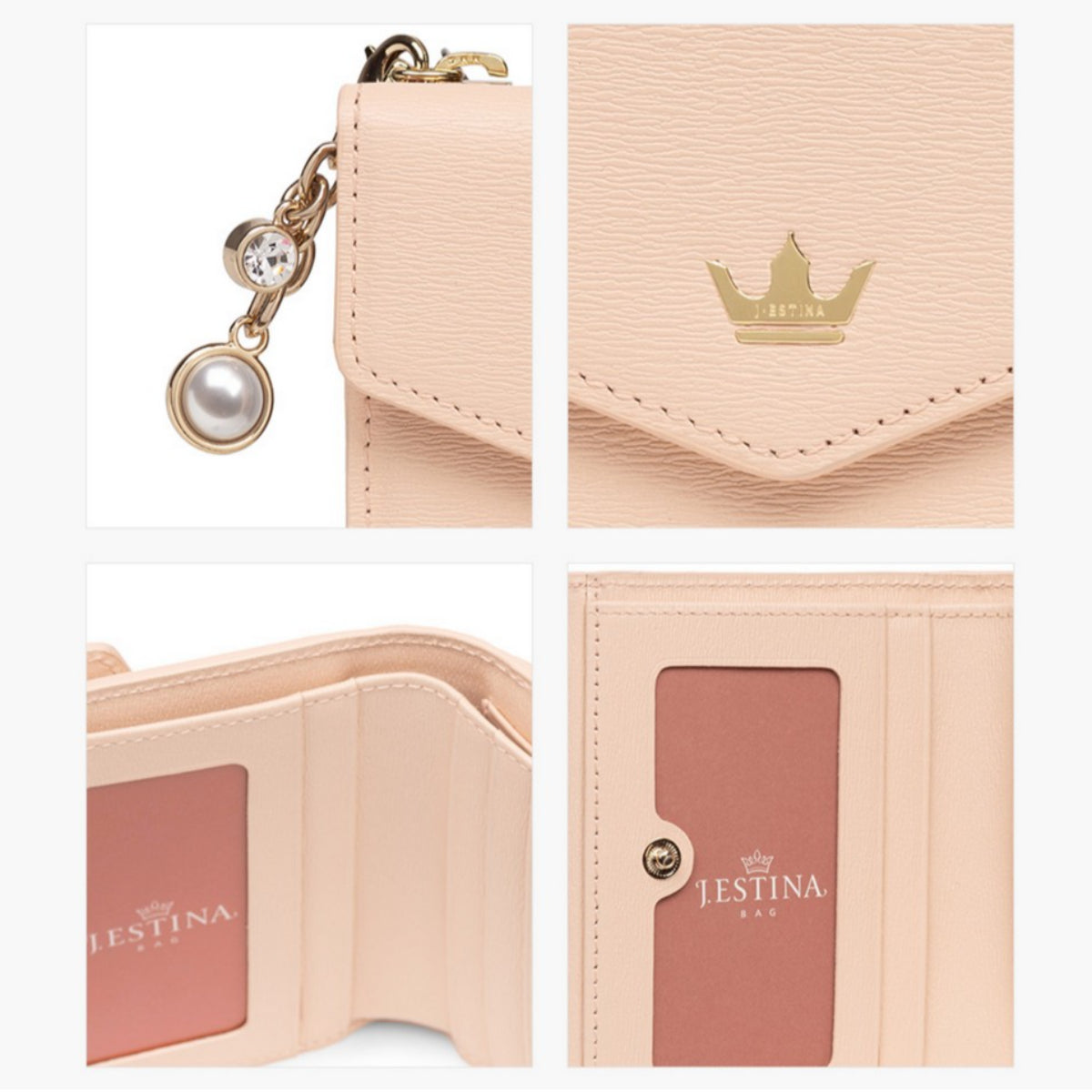 J.ESTINA JINNY Bifold Wallet Peach Pink Embossed Cowhide Pearl Ball Crystal Charm Ornament Banknote Card Coin ID Card Wallet / from Seoul, Korea